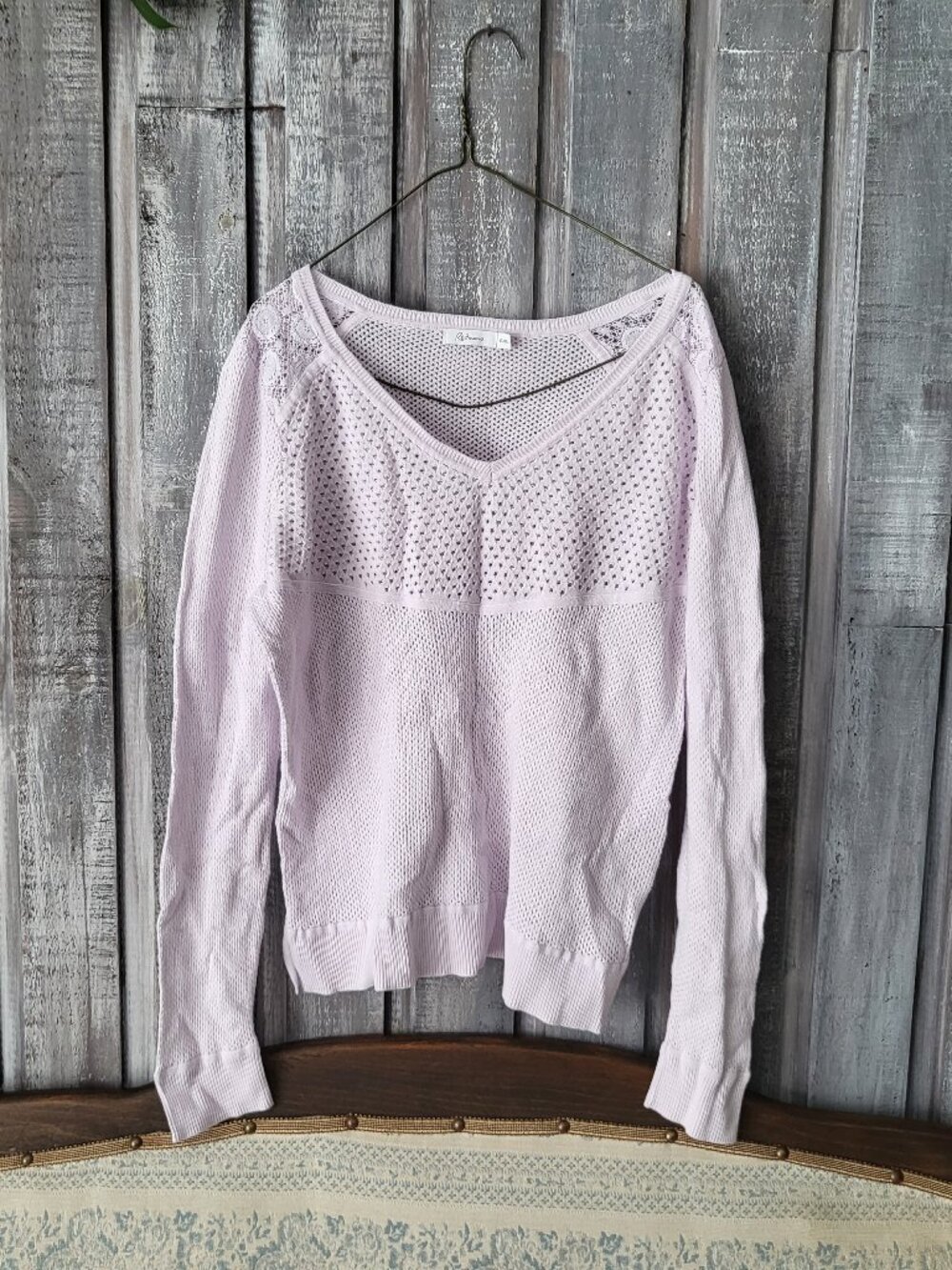 Lilac Knit V-Neck Sweater Lace Shoulder XL